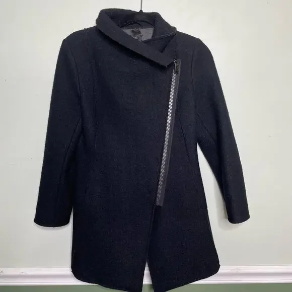 Halogen Long Sleeve Mid-Length Asymmetrical Zip Wool Blend Coat Black Petite